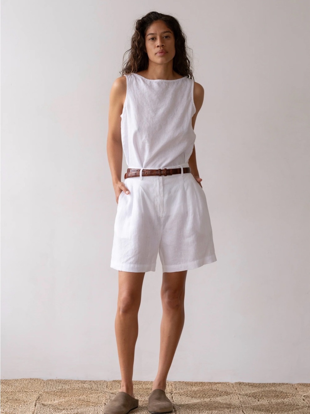 DONNI. White Linen Bermuda Shorts with Brown Belt